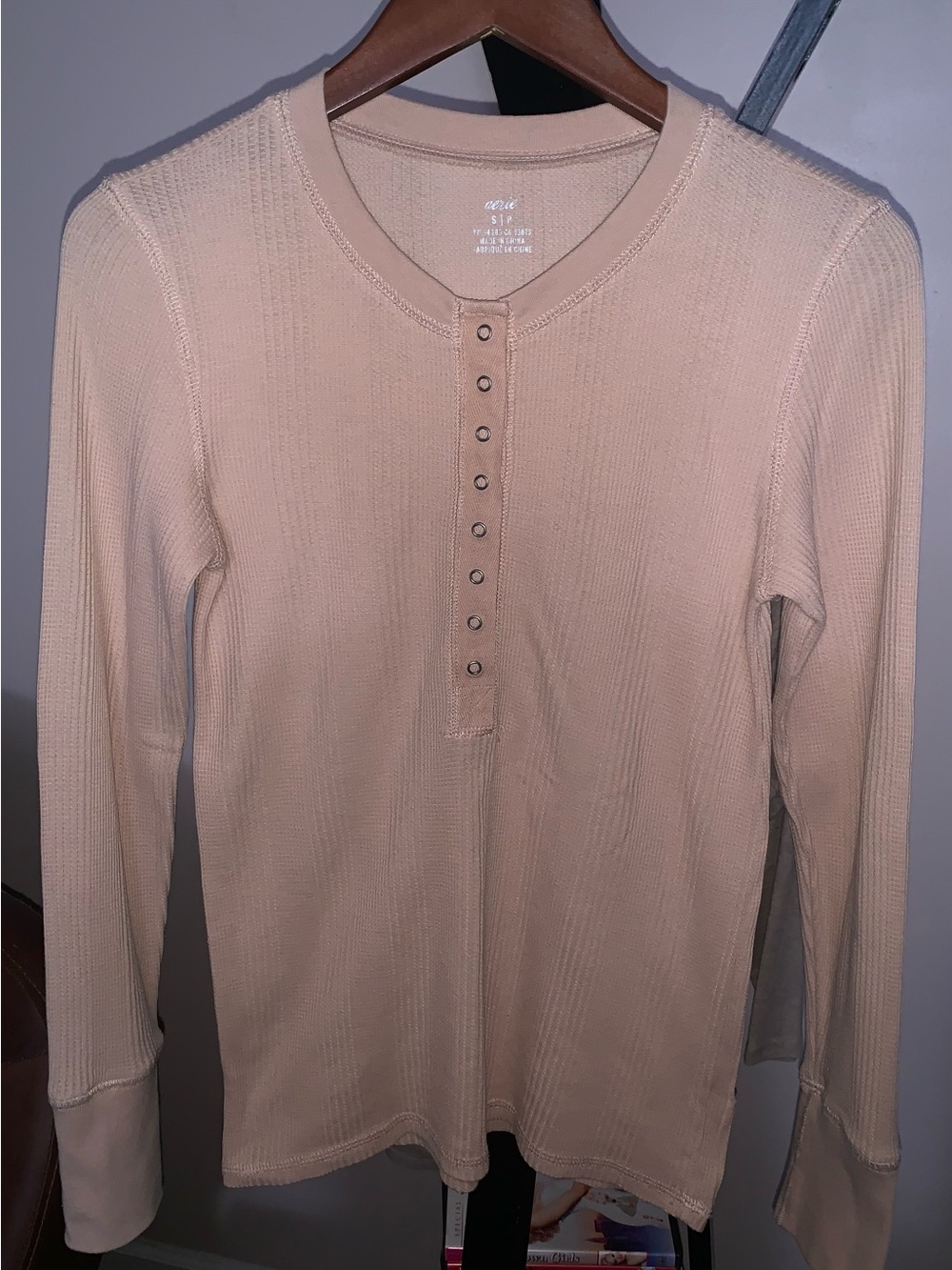 Aerie Long Sleeve Snap Henley Thermal Shirt Camel S NWOT